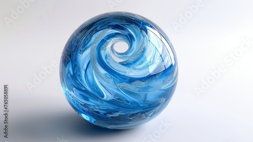 A glass art piece featuring a blue swirling vortex within a clear sphere  set against a white backdrop  showcases intricate craftsmanship.