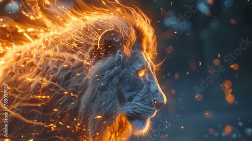 A side profile of a lion, digitally rendered with a mane that mimics the flow of fire, surrounded by embers, against a dark backdrop. © Sodapeaw