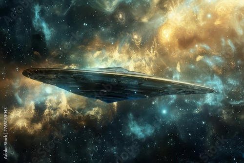 Celestial Voyage Spaceship Traveling Through a Nebula Filled Space, 3D Illustration © furyon