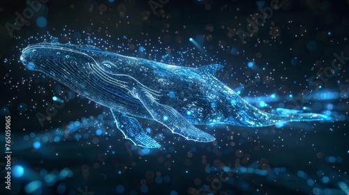 A mesmerizing image of a whale as a constellation, with a body composed of stars, gliding through an ethereal underwater space filled with sparkling lights.