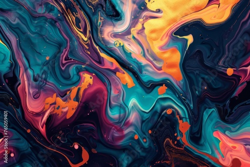 Abstract Digital Painting with Fluid Shapes, Vibrant Colors, and Metallic Textures