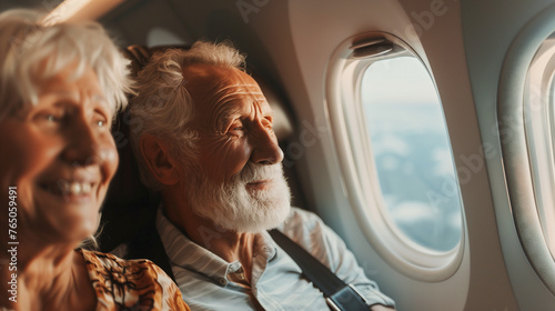 Happy senior couple travel in airplane enjoying vacations trip together, Lifestyle trip travel, warm light, empower and joyful life concept