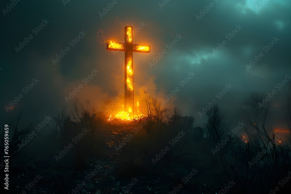 Illuminated Cross Atop Hill in Darkness Illuminated Cross Atop Hill in Darkness