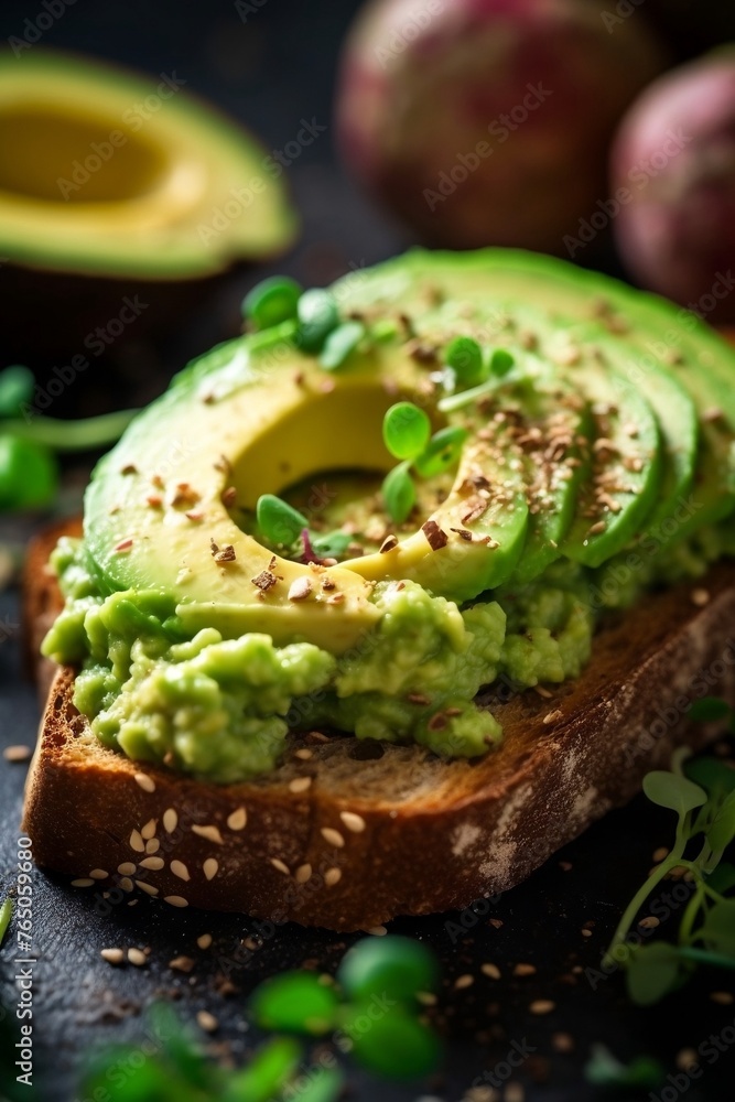 Close-up Image of Avocado Toast with Mashed Avocado on Dark Background
