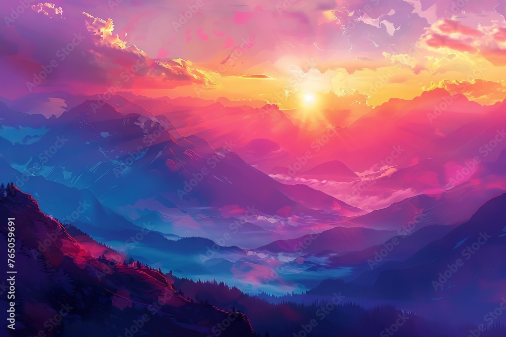 Alpine Glow Radiant Sunset over Tranquil Mountain Landscape, Digital Nature Painting Alpine Glow Radiant Sunset over Tranquil Mountain Landscape, Digital Nature Painting