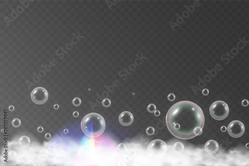 Air bubbles on a transparent background. Soap foam vector illustration.	
