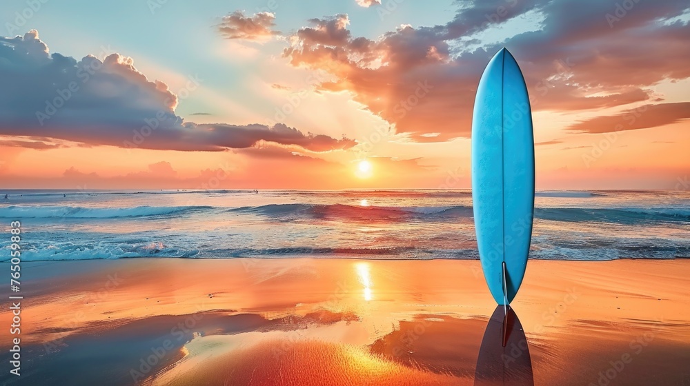 A surfboard sitting on top of a sandy beach. - obrazy, fototapety, plakaty 