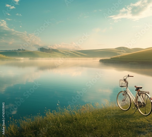 Nestled among rolling hills of emerald green, a bicycle stands beside a shimmering lake reflecting the azure sky above. Wisps of mist dance across the water's surface as the sun begins to rise photo