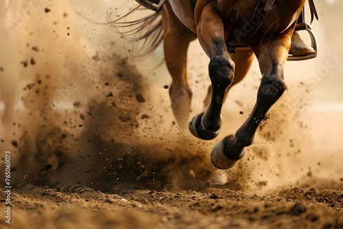 Rodeo horses kicking up dust in arena. Concept Rodeo, Horses, Arena, Dust, Action Shots photo