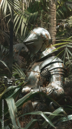 A hyper-realistic portrayal of a medieval soldier clad in shimmering aluminum armor camouflaged within a dense tropical jungle scene from the 1100s photo