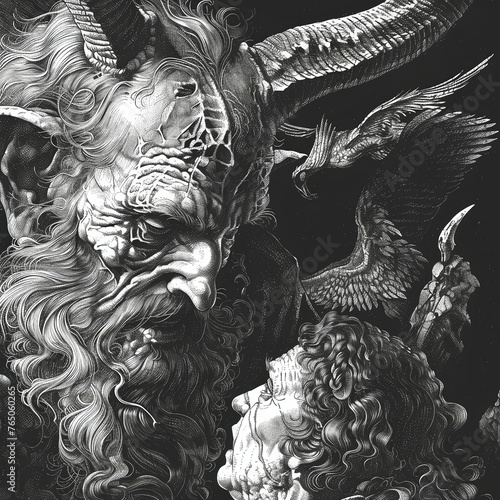 Illustrate the intricate details of Satans appearance as described in the Bible photo