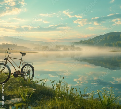 Nestled among rolling hills of emerald green, a bicycle stands beside a shimmering lake reflecting the azure sky above. Wisps of mist dance across the water's surface as the sun begins to rise photo