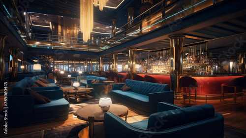A  luxurious cruise ship bar and lounge area with a variety of cocktails and beverages.