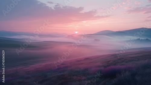 Misty hills at sunrise capture the ethereal beauty and soft light.