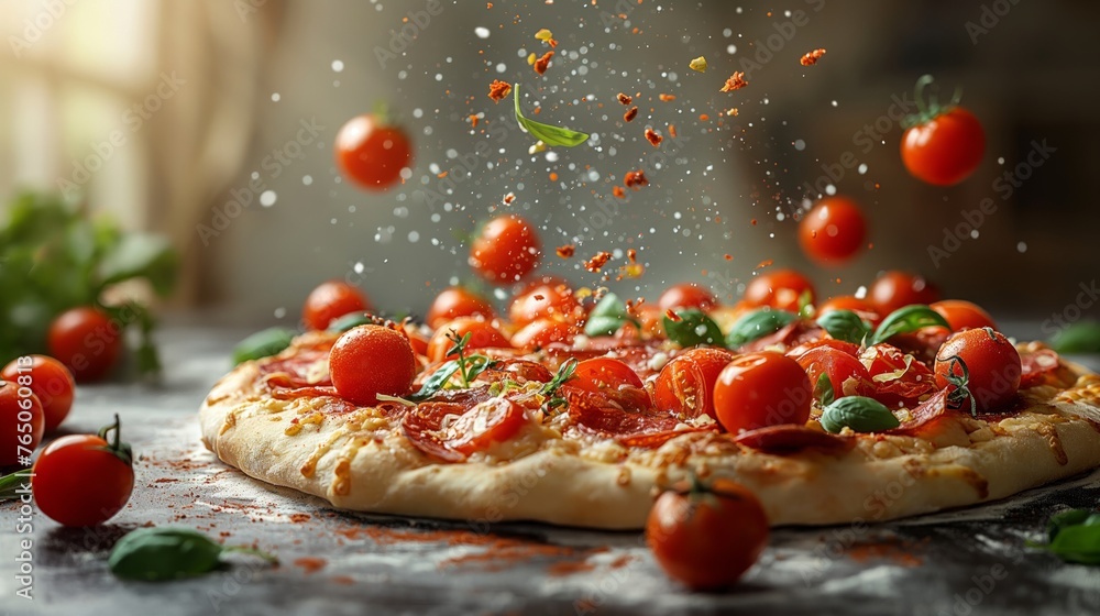 tomatoes and cheese flying over pizza dough