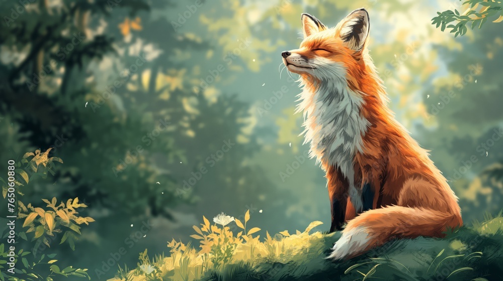 Fototapeta premium fox on the green forest background