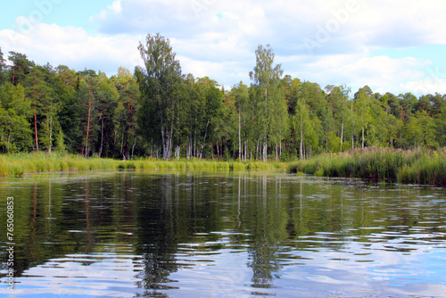 Lake shore, blue sky and green trees around.