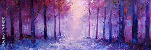 Semi-abstract oil painting depicting a winter forest landscape, blending realism and abstraction with hues of purple, red, and blue