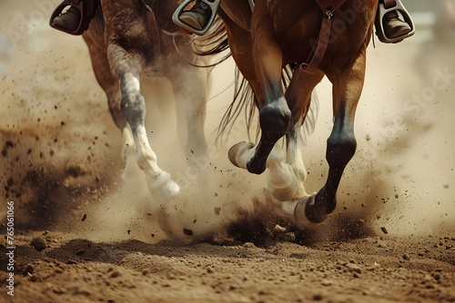 Horses in a rodeo arena kicking up dust as they compete. Concept Rodeo, Horses, Competition, Dust, Arena