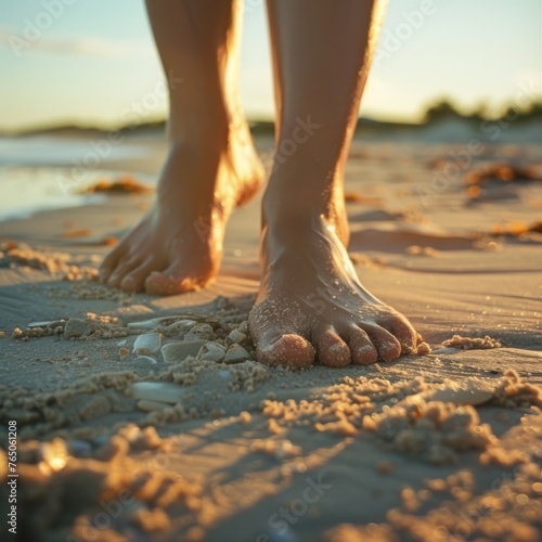 Close-up of bare feet in soft sand on a tranquil beach during sunset 