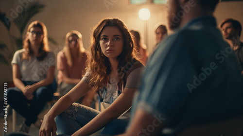 Various individuals seated in a room, engaging in conversation or listening attentively