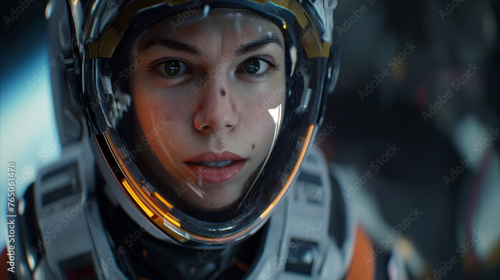 woman wearing a futuristic helmet stares directly at the camera, her expression neutral and focused