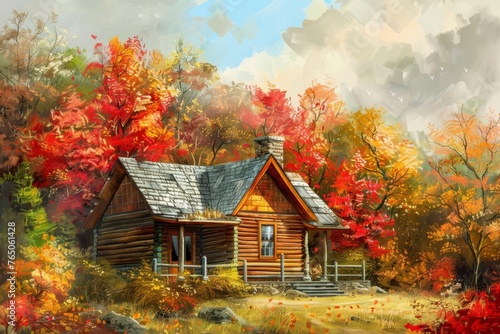 Autumn's Embrace Cozy Cabin Surrounded by Vibrant Fall Foliage, Digital Oil Painting