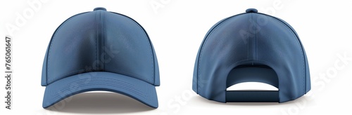 A solid blue blank baseball cap, front and back view on white background for template design