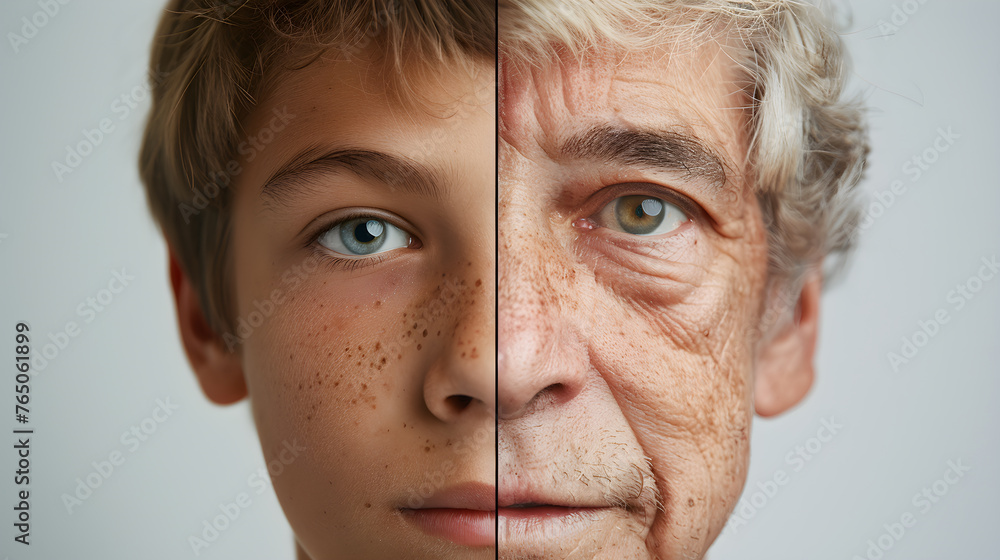 image of a man divided in two. One side of her face, a version of her as an 18 year old teenager image of a man divided in two. One side of her face, a version of her as an 18 year old teenager