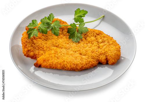 Vászonkép Breaded meat steak fried in dish with parsley leaves, isolated