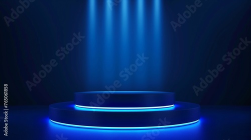 Luxury podium scene background with blue light effect on dark blue background