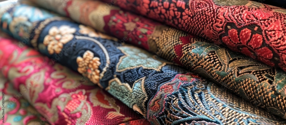 A close up of a pile of different colored fabrics