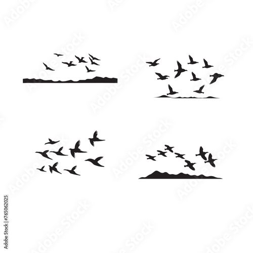 Flock of Birds in Flight over Water Silhouett