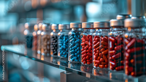 Transparent bottles filled with multicolored pills displayed on a pharmacy shelf  representing health care and medication.