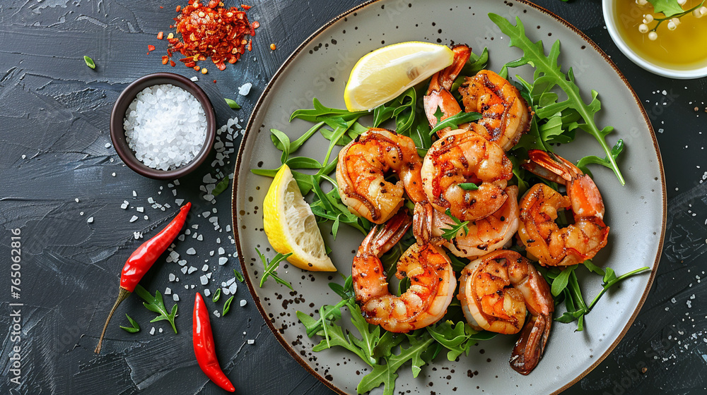 Fried shrimps on a plate with vegetables, Generative AI, Fried shrimps on a plate with vegetables, Generative AI,