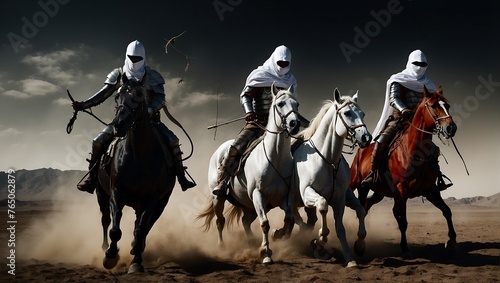 Horsemen of the Apocalypse - white for conquest, red for war, black for plague or famine, and pale for death - black background - desert landscape. AI generated