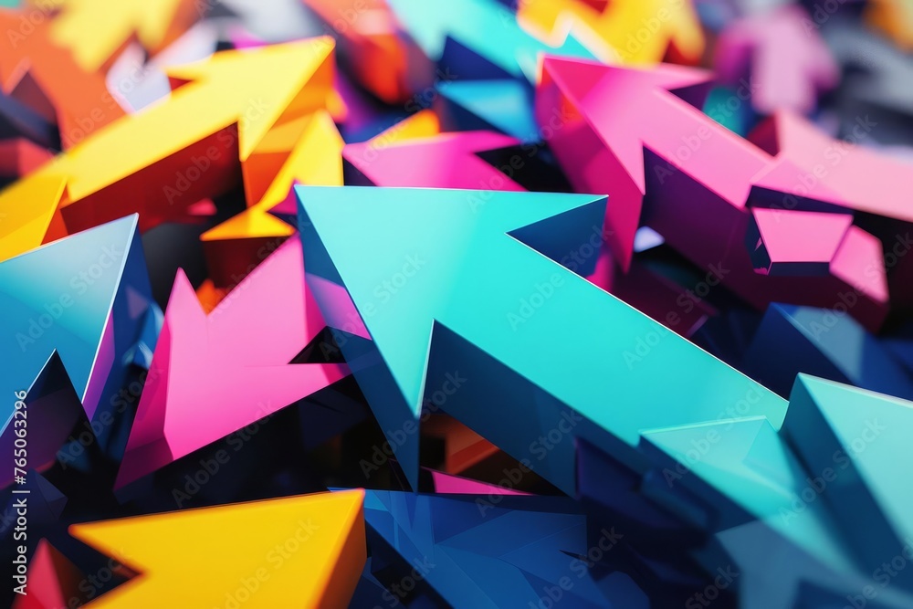 Dynamic arrows in vivid colors pointing towards success and growth, symbolizing motivation, progress, and achieving goals in an abstract 3D illustration - obrazy, fototapety, plakaty 