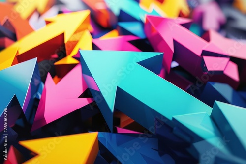 Dynamic arrows in vivid colors pointing towards success and growth, symbolizing motivation, progress, and achieving goals in an abstract 3D illustration
