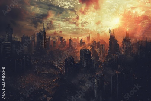 Dystopian Horizon Ruined Cityscape in Post-Apocalyptic World, Digital Art, Future Desolation Theme