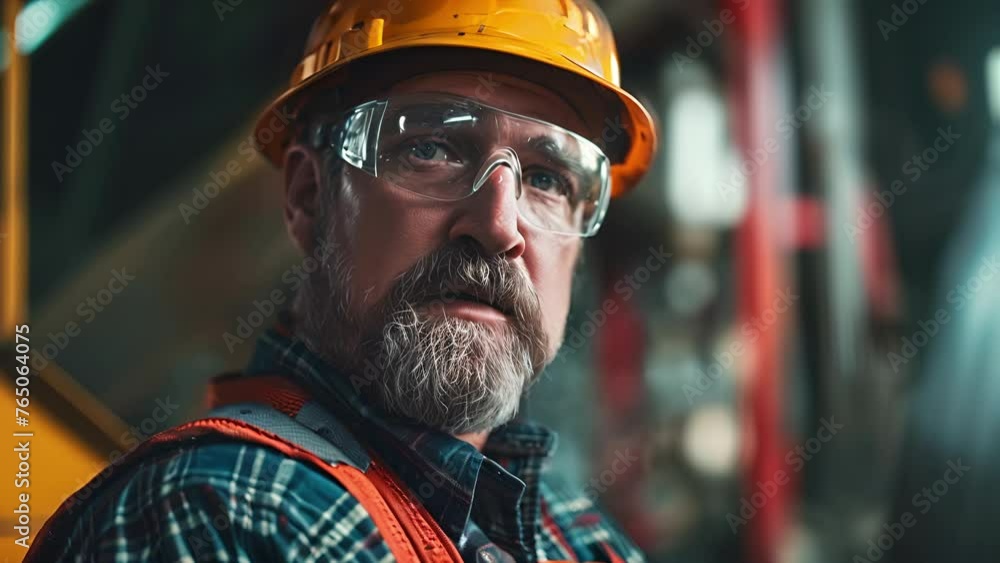 Close up slow motion portrait pushing towards an older Caucasian man with a beard wearing a hard hat, safety glasses and reflective vest working as an engineer in the midwest Close up slow motion portrait pushing towards an older Caucasian man with a beard wearing a hard hat, safety glasses and reflective vest working as an engineer in the midwest