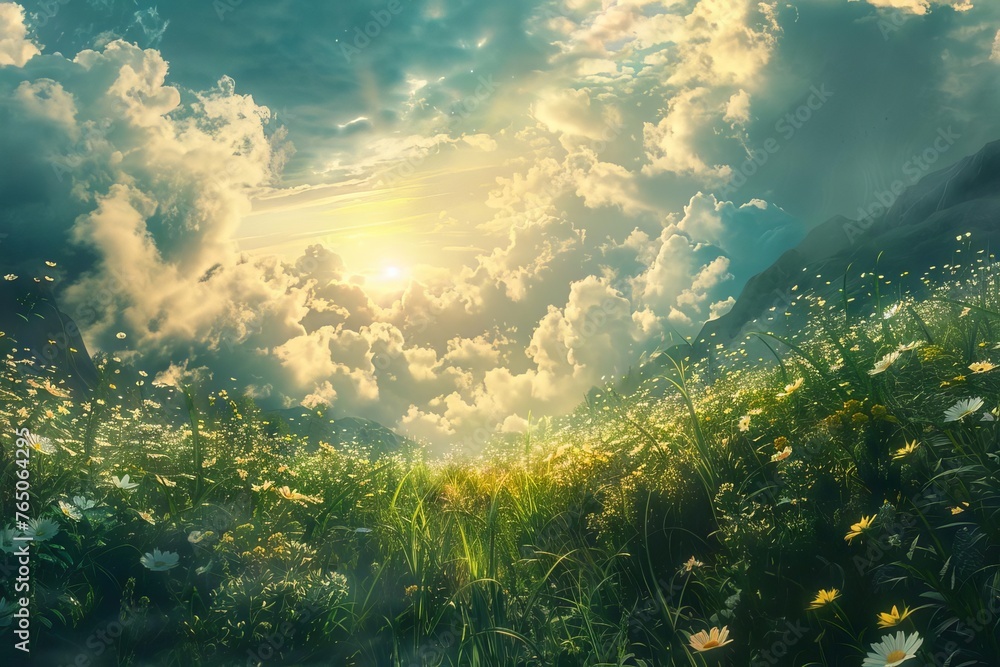 Elysium Fields Ethereal Meadows in Heavenly Light, Digital Art, Paradise Theme