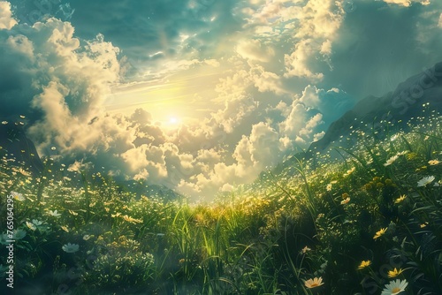 Elysium Fields Ethereal Meadows in Heavenly Light, Digital Art, Paradise Theme