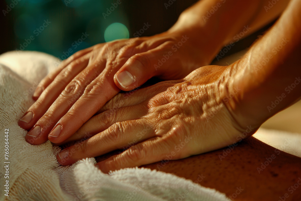 A close-up view of a masseuse's hands applying pressure to a client's hand during a reflexology session. A close-up view of a masseuse's hands applying pressure to a client's hand during a reflexology session.