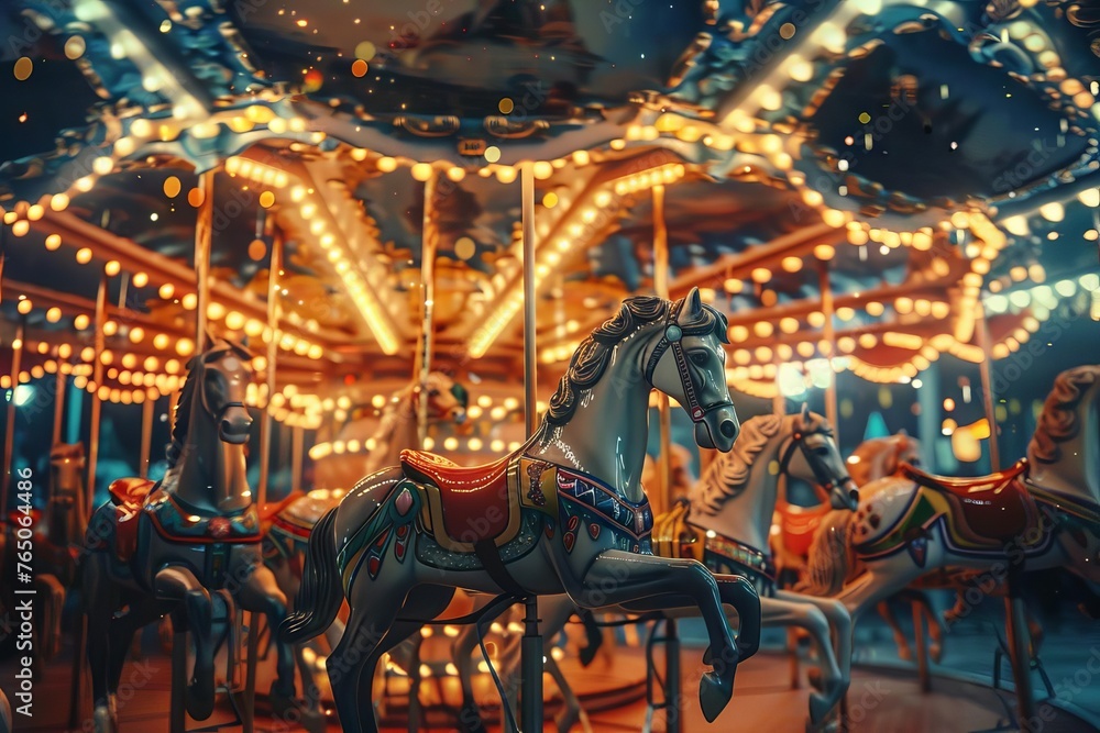 Enchanted Carousel Vintage Carousel Horses Under Twinkling Lights, Digital Fantasy Illustration