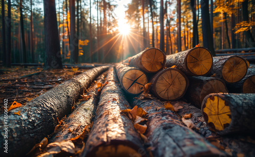Cut wooden logs in the stack in the forest at sunset time.  photo