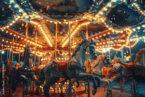 Enchanted Carousel Vintage Carousel Horses Under Twinkling Lights, Digital Fantasy Illustration © furyon