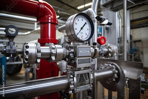 An Intricate View of a Level Gauge and its Surrounding Mechanical Components in a Factory Setting