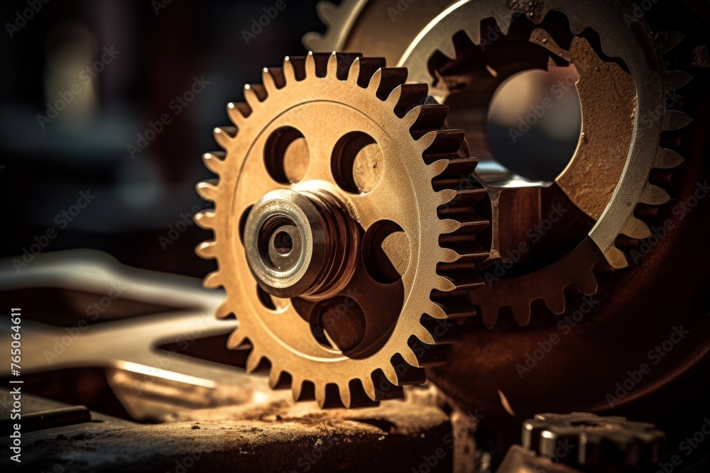 An Intricate View of a Weathered Metal Gear in an Old Factory Environment with Dusty Wooden Beams An Intricate View of a Weathered Metal Gear in an Old Factory Environment with Dusty Wooden Beams