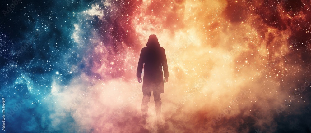  A figure amidst a hazy atmosphere of smoke and celestial bodies on a colorful backdrop