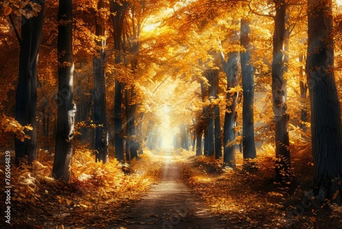 Eternal Autumn Timeless Forest Path Lined with Golden Leaves  Digital Art Autumnal Theme